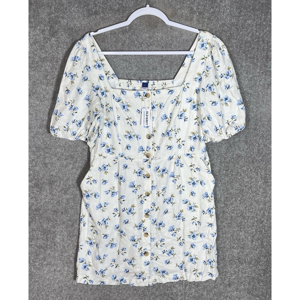 Old Navy Linen Blend Puff Sleeve Button Up Dress Womens Sz L Blue Floral Pockets